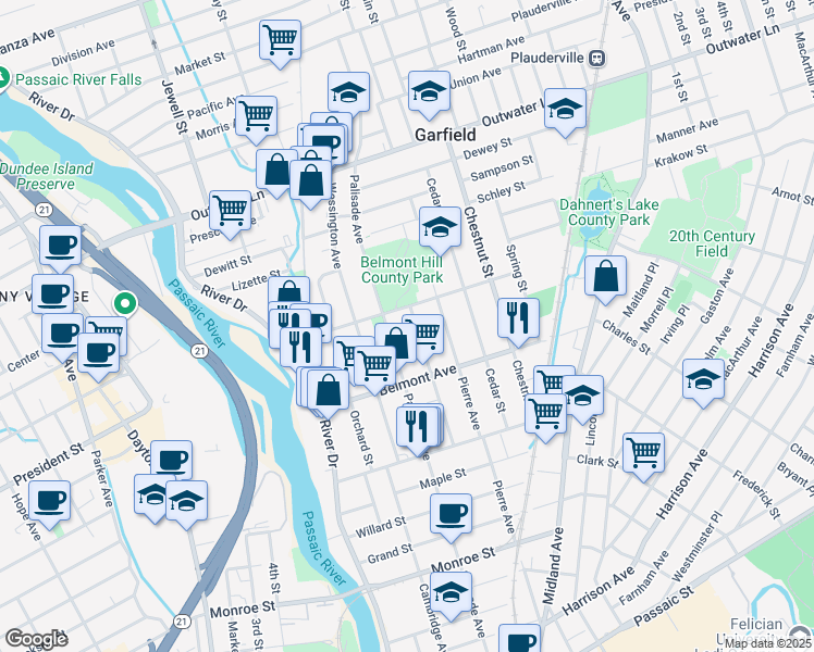 map of restaurants, bars, coffee shops, grocery stores, and more near 340 Palisade Avenue in Garfield