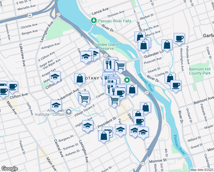 map of restaurants, bars, coffee shops, grocery stores, and more near 255 Parker Avenue in Clifton