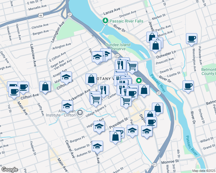map of restaurants, bars, coffee shops, grocery stores, and more near 19 James Street in Clifton
