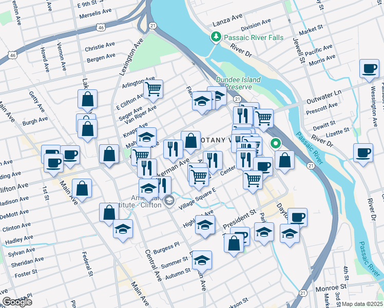 map of restaurants, bars, coffee shops, grocery stores, and more near Village Square East in Clifton