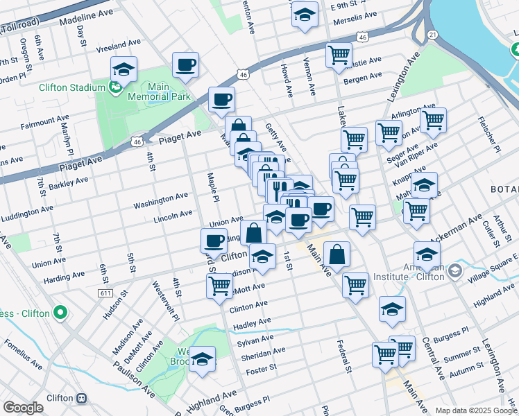 map of restaurants, bars, coffee shops, grocery stores, and more near 77 Union Avenue in Clifton