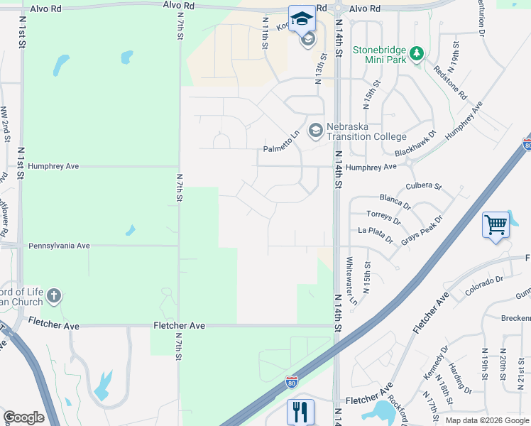 map of restaurants, bars, coffee shops, grocery stores, and more near 6460 North 11th Street in Lincoln