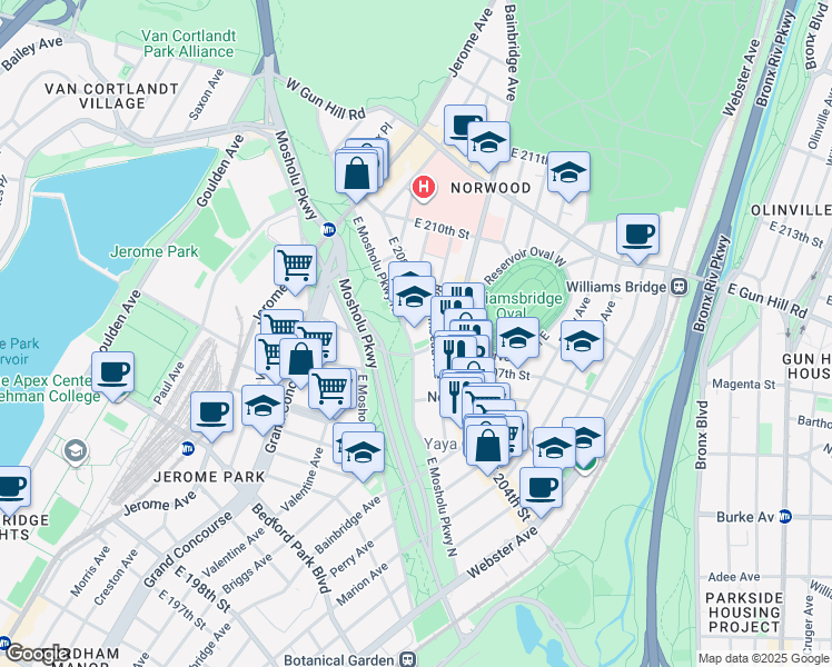 map of restaurants, bars, coffee shops, grocery stores, and more near 149 East Mosholu Parkway North in Bronx