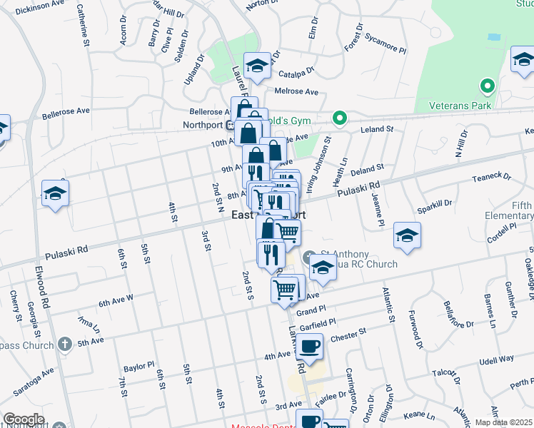 map of restaurants, bars, coffee shops, grocery stores, and more near 255 Larkfield Road in East Northport