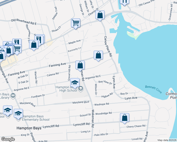 map of restaurants, bars, coffee shops, grocery stores, and more near 33 Carter Road in Hampton Bays
