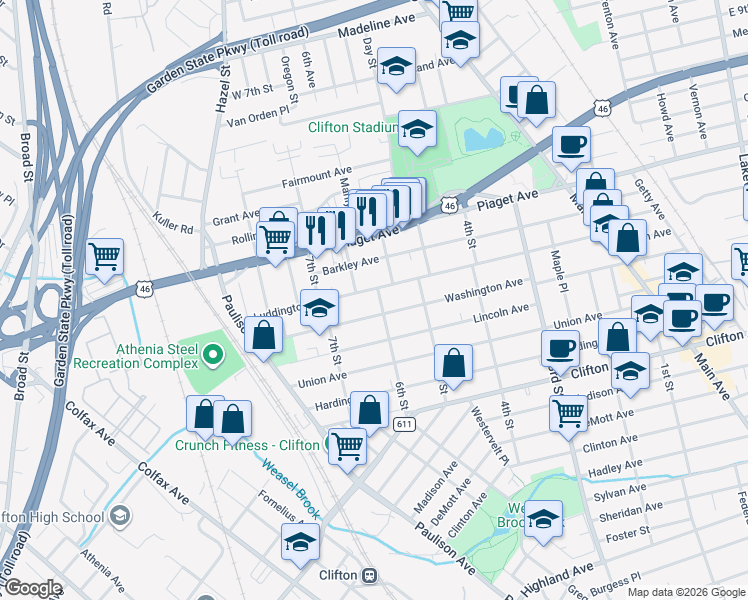 map of restaurants, bars, coffee shops, grocery stores, and more near 276 Washington Avenue in Clifton