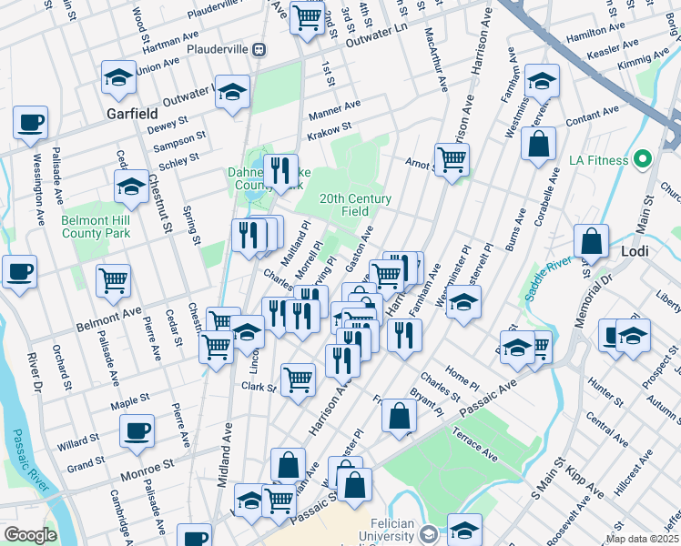 map of restaurants, bars, coffee shops, grocery stores, and more near 129 Gaston Avenue in Garfield