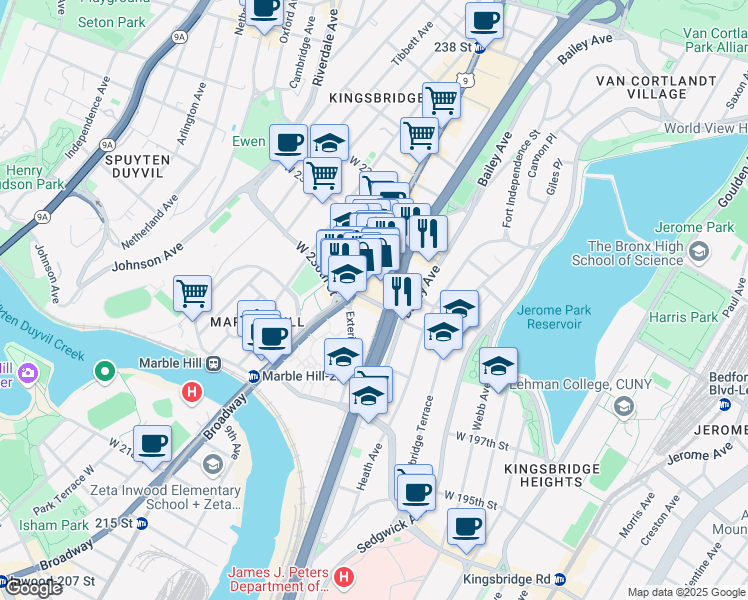 map of restaurants, bars, coffee shops, grocery stores, and more near 171 West 230th Street in Bronx