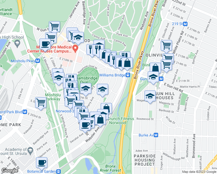 map of restaurants, bars, coffee shops, grocery stores, and more near 3300 Decatur Avenue in Bronx