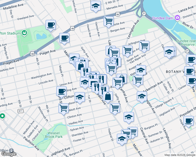 map of restaurants, bars, coffee shops, grocery stores, and more near 16 Harding Avenue in Clifton