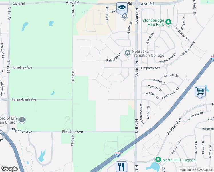 map of restaurants, bars, coffee shops, grocery stores, and more near 6460 North 11th Street in Lincoln