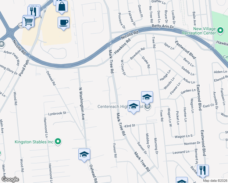 map of restaurants, bars, coffee shops, grocery stores, and more near 245 Mark Tree Road in Centereach