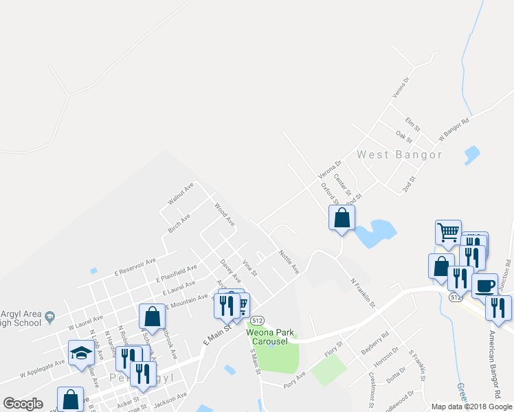 map of restaurants, bars, coffee shops, grocery stores, and more near 1141 Verona Drive in Pen Argyl