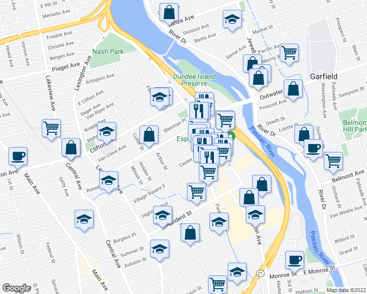 map of restaurants, bars, coffee shops, grocery stores, and more near 27 James Street in Clifton