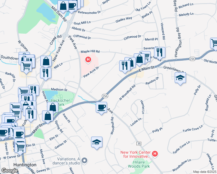 map of restaurants, bars, coffee shops, grocery stores, and more near 35 East Main Street in Huntington