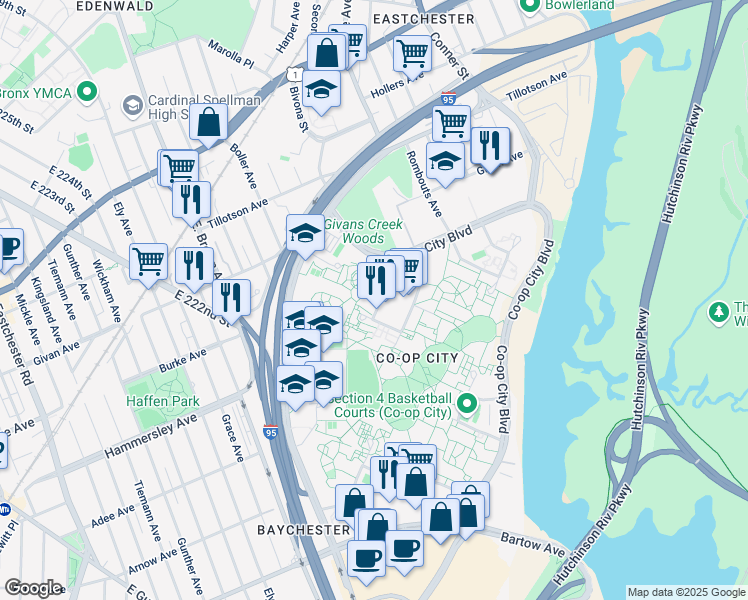 map of restaurants, bars, coffee shops, grocery stores, and more near 133a Dreiser Loop in The Bronx