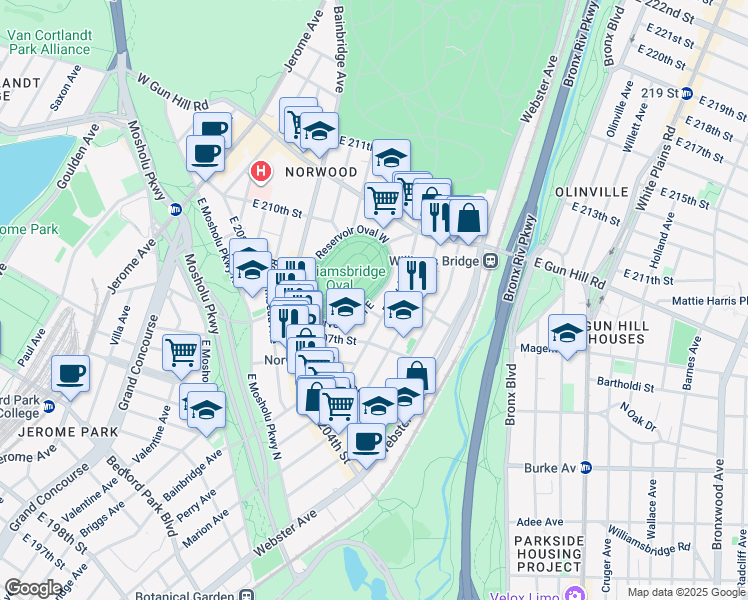 map of restaurants, bars, coffee shops, grocery stores, and more near 3341 Reservoir Oval East in Bronx