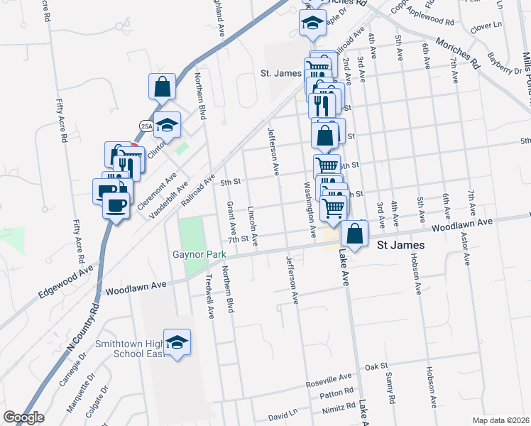 map of restaurants, bars, coffee shops, grocery stores, and more near 241 Lincoln Avenue in Saint James