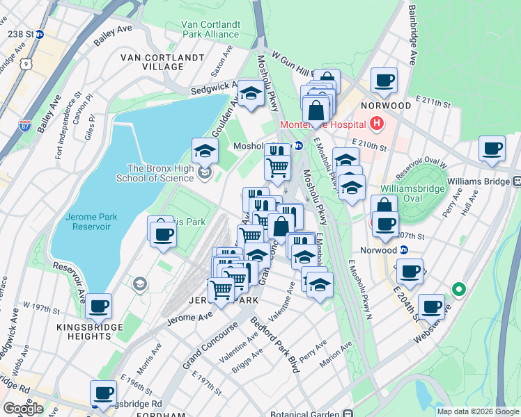 map of restaurants, bars, coffee shops, grocery stores, and more near in Bronx