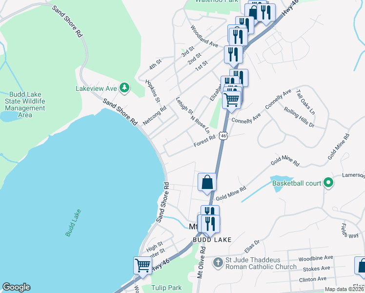 map of restaurants, bars, coffee shops, grocery stores, and more near 32 Forest Road in Mount Olive