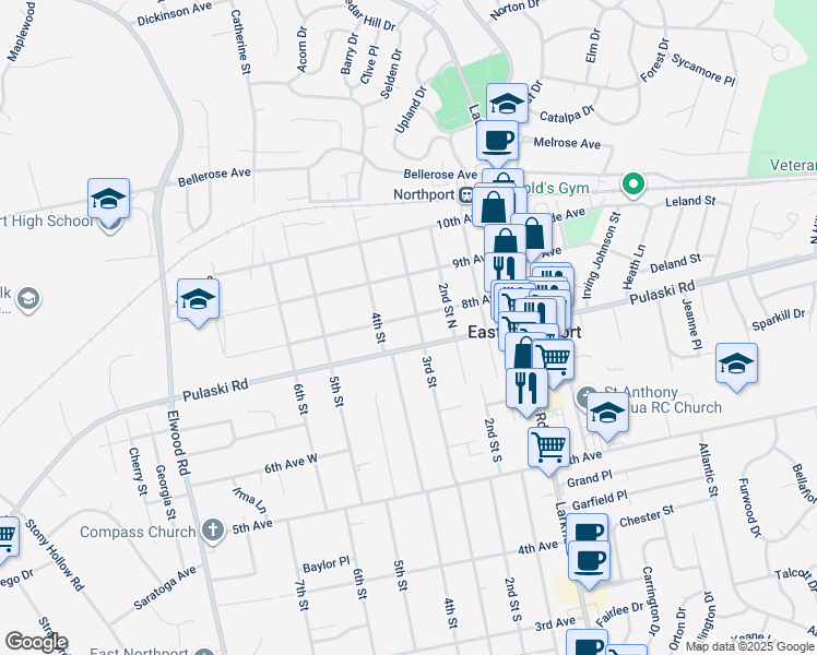 map of restaurants, bars, coffee shops, grocery stores, and more near 304 Pulaski Road in East Northport