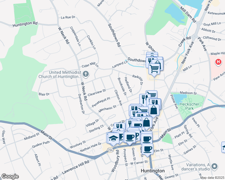 map of restaurants, bars, coffee shops, grocery stores, and more near 139 Clinton Avenue in Huntington