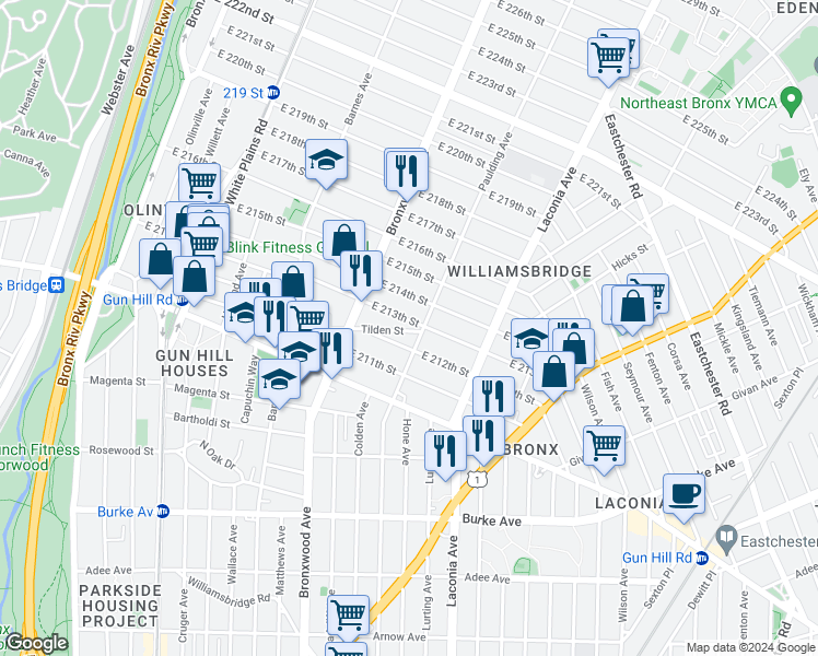 map of restaurants, bars, coffee shops, grocery stores, and more near 3565 Paulding Avenue in Bronx