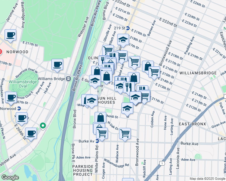 map of restaurants, bars, coffee shops, grocery stores, and more near 751 East Gun Hill Road in The Bronx
