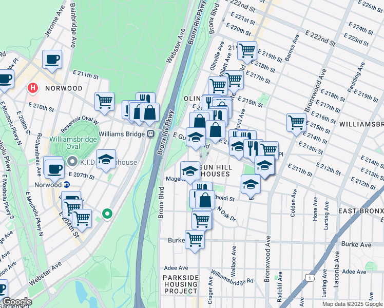 map of restaurants, bars, coffee shops, grocery stores, and more near 3439 White Plains Road in The Bronx