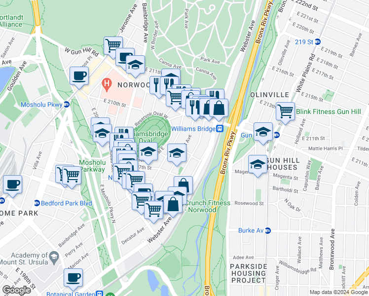 map of restaurants, bars, coffee shops, grocery stores, and more near in The Bronx