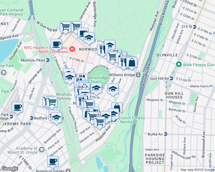 map of restaurants, bars, coffee shops, grocery stores, and more near 3288 Holt Place in The Bronx