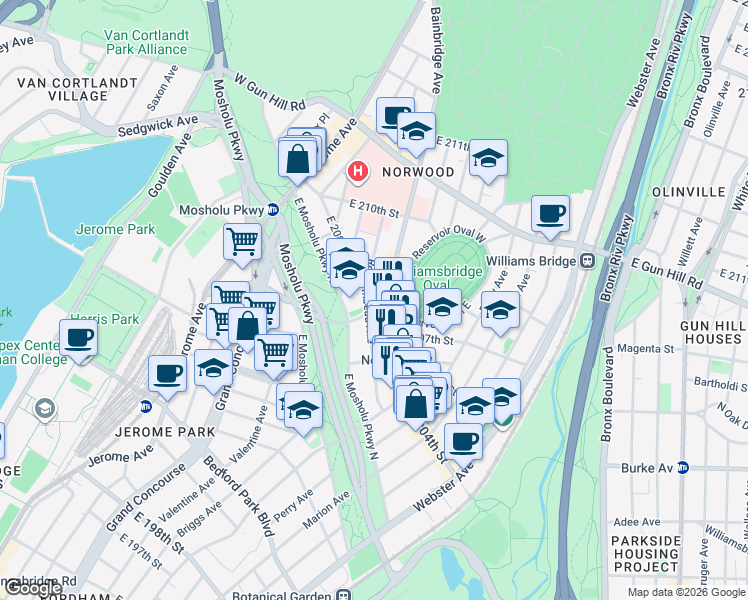 map of restaurants, bars, coffee shops, grocery stores, and more near 230 Van Cortlandt Avenue East in Bronx