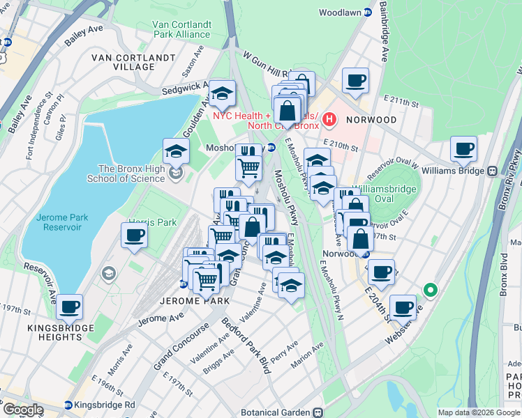 map of restaurants, bars, coffee shops, grocery stores, and more near 3184 Grand Concourse in Bronx