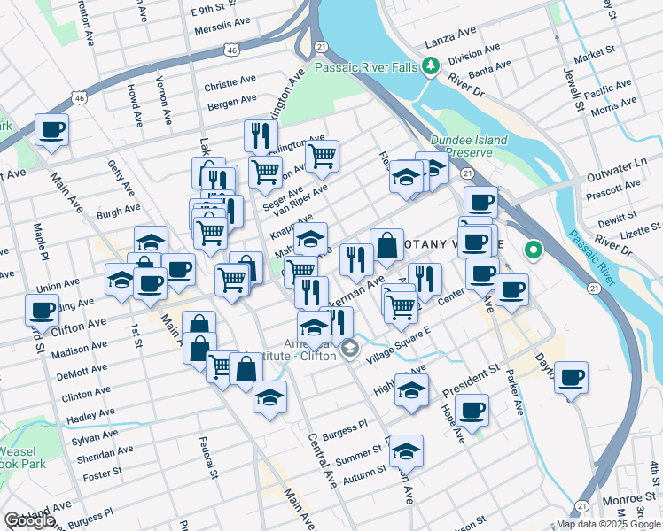 map of restaurants, bars, coffee shops, grocery stores, and more near 25 Van Cleve Avenue in Clifton
