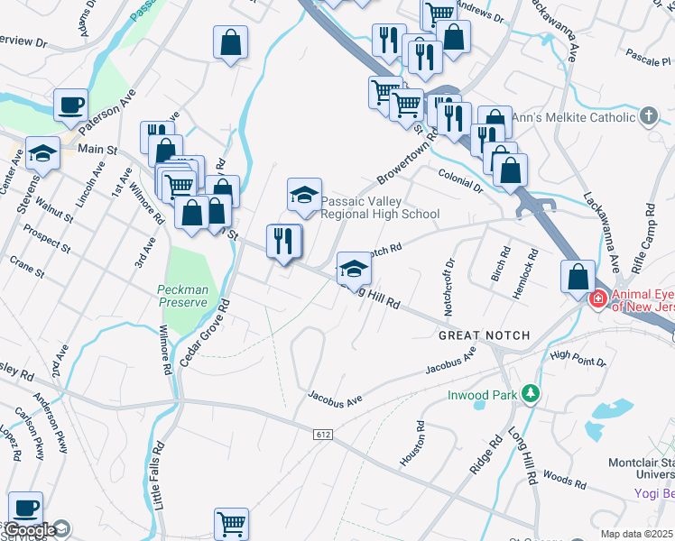 map of restaurants, bars, coffee shops, grocery stores, and more near 73 Long Hill Road in Little Falls