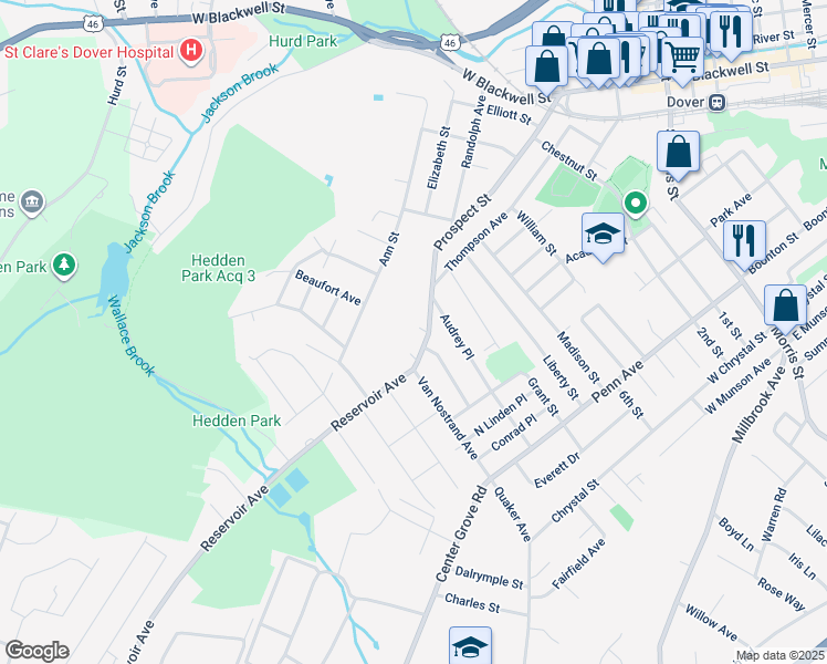 map of restaurants, bars, coffee shops, grocery stores, and more near 249 Prospect Street in Dover