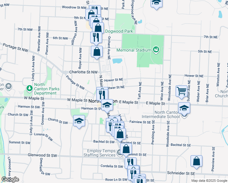 map of restaurants, bars, coffee shops, grocery stores, and more near 101 East Maple Street in North Canton