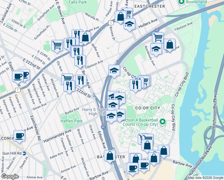 map of restaurants, bars, coffee shops, grocery stores, and more near 900 Baychester Avenue in Bronx