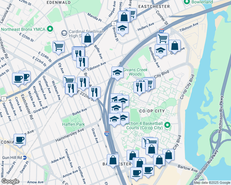 map of restaurants, bars, coffee shops, grocery stores, and more near 900 Baychester Avenue in Bronx