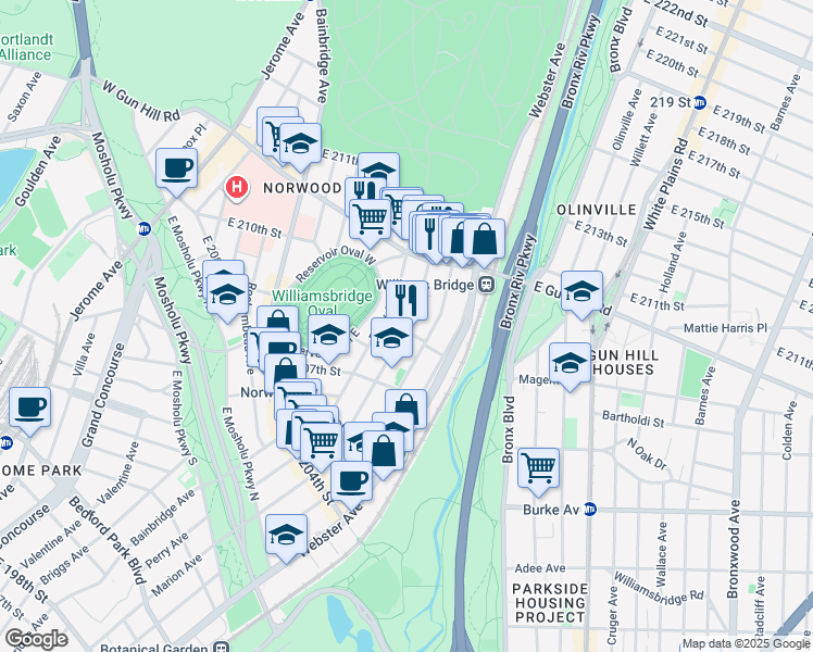 map of restaurants, bars, coffee shops, grocery stores, and more near in The Bronx