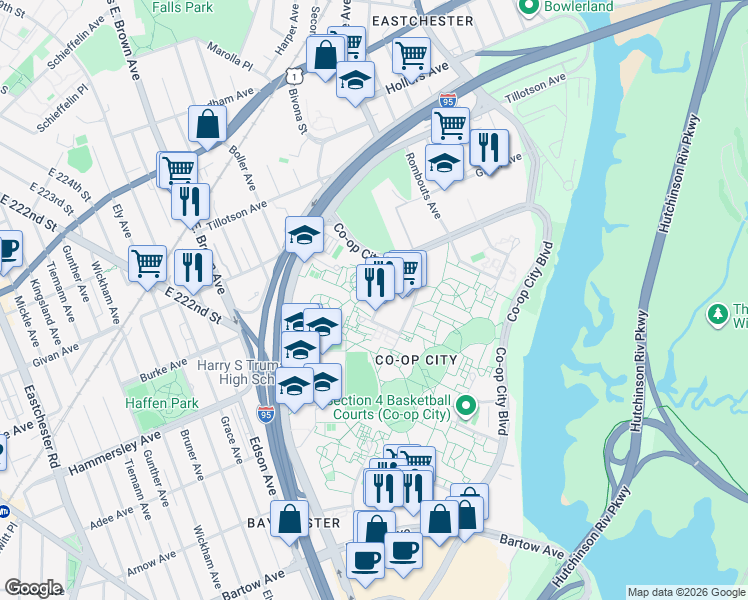 map of restaurants, bars, coffee shops, grocery stores, and more near 150 Dreiser Loop in Bronx