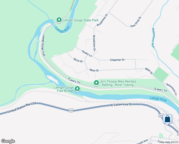 map of restaurants, bars, coffee shops, grocery stores, and more near 633 Main Street in Jim Thorpe