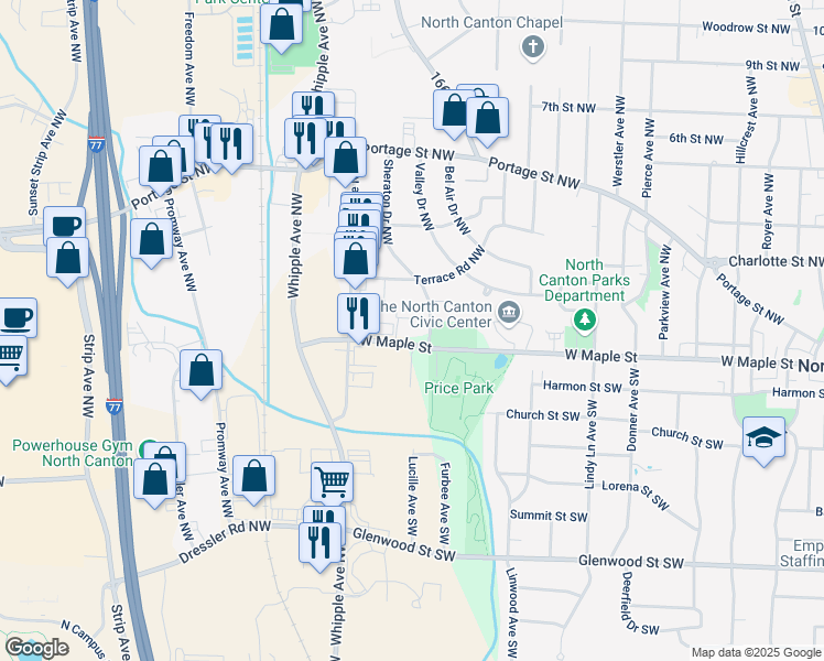 map of restaurants, bars, coffee shops, grocery stores, and more near 1101 West Maple Street in North Canton