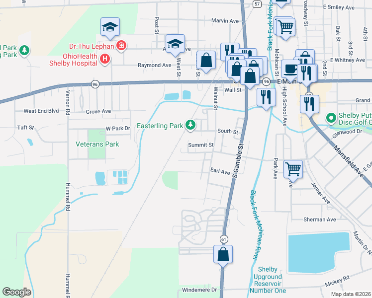 map of restaurants, bars, coffee shops, grocery stores, and more near 51 West Tucker Avenue in Shelby