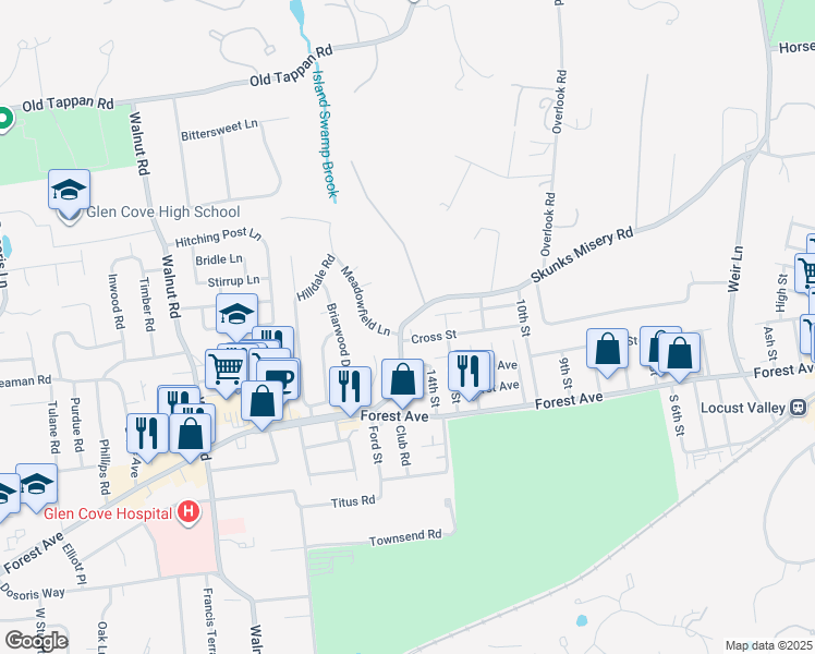 map of restaurants, bars, coffee shops, grocery stores, and more near 42 Skunks Misery Road in Locust Valley
