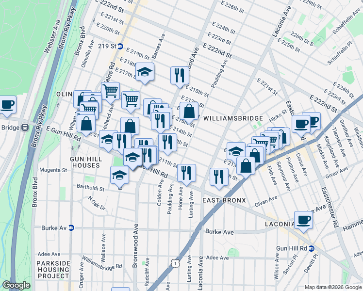 map of restaurants, bars, coffee shops, grocery stores, and more near 3565 Paulding Avenue in Bronx
