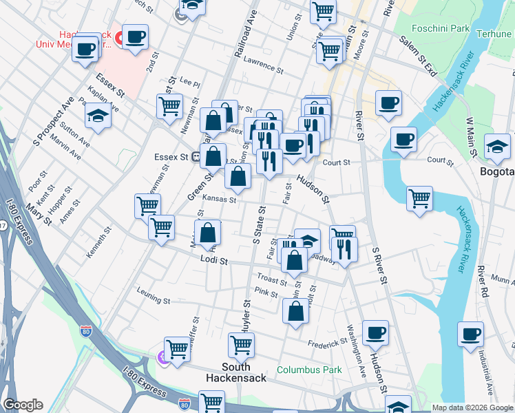 map of restaurants, bars, coffee shops, grocery stores, and more near 54 South State Street in Hackensack