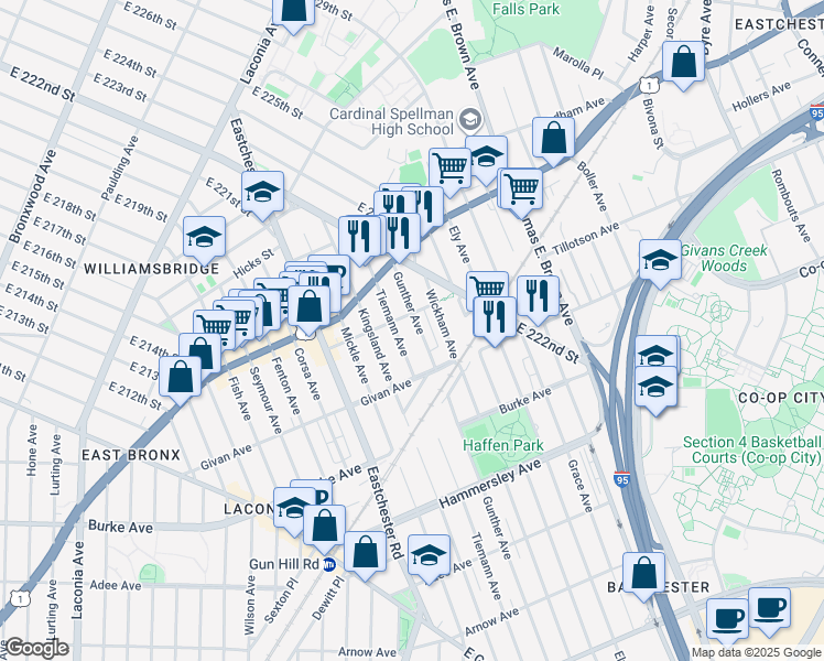 map of restaurants, bars, coffee shops, grocery stores, and more near 3322 Gunther Avenue in Bronx