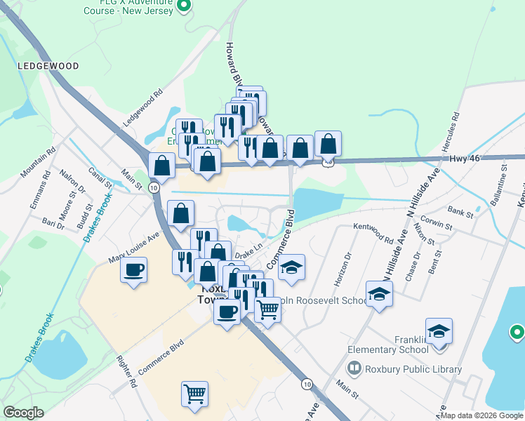 map of restaurants, bars, coffee shops, grocery stores, and more near 168 Drake Lane in Roxbury Township