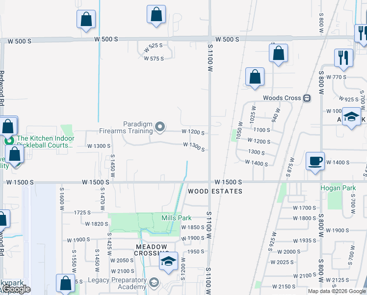 map of restaurants, bars, coffee shops, grocery stores, and more near 1211 West 1300 South in Woods Cross
